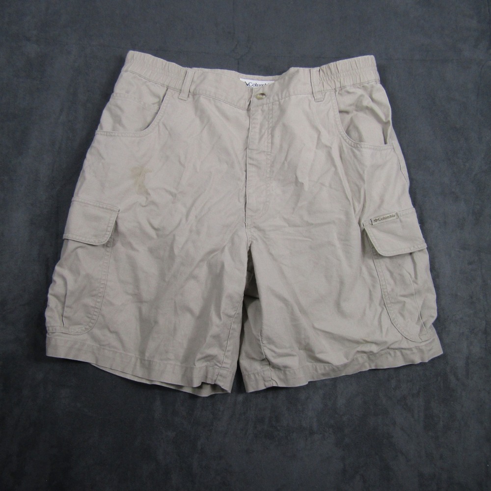 Columbia Cargo Shorts Mens 35 Tan Beige Cotton Elastic Waist Outdoor Pockets